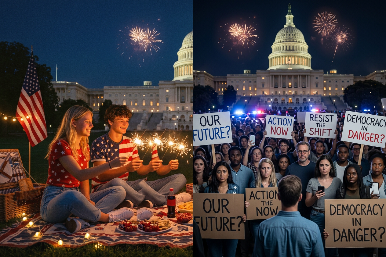 1976 vs 2026sparklers in front of a large crowd and burning Capitol building